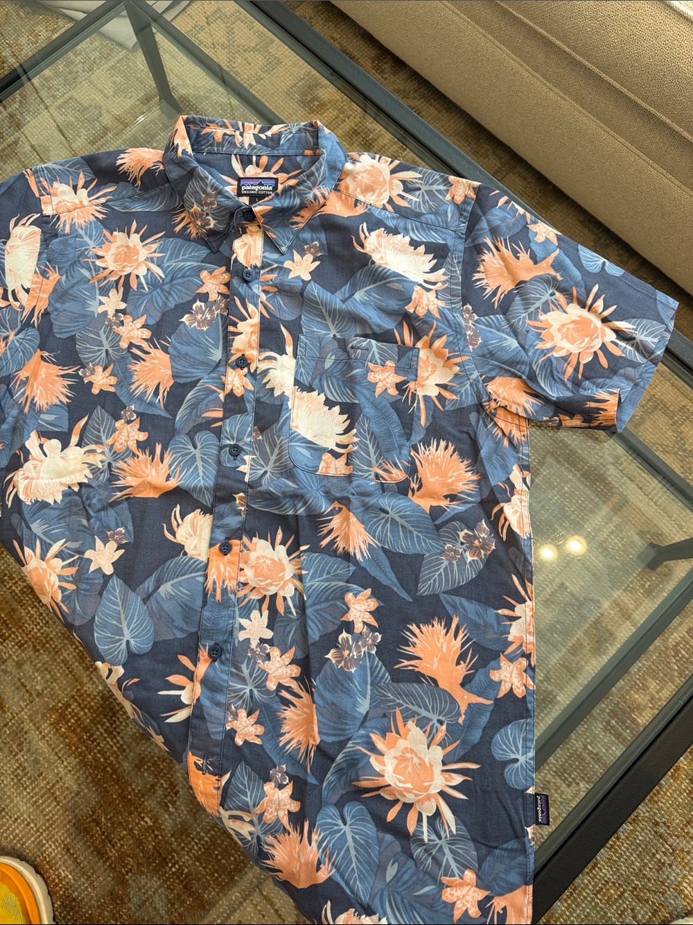 Patagonia Navy and Peach Organic Cotton Floral Short-Sleeve Button-Down Shirt